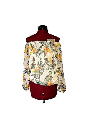 PHILOSOPHY Top Medium M Off The Shoulder Lined Sheer Sleeve Blouse Floral